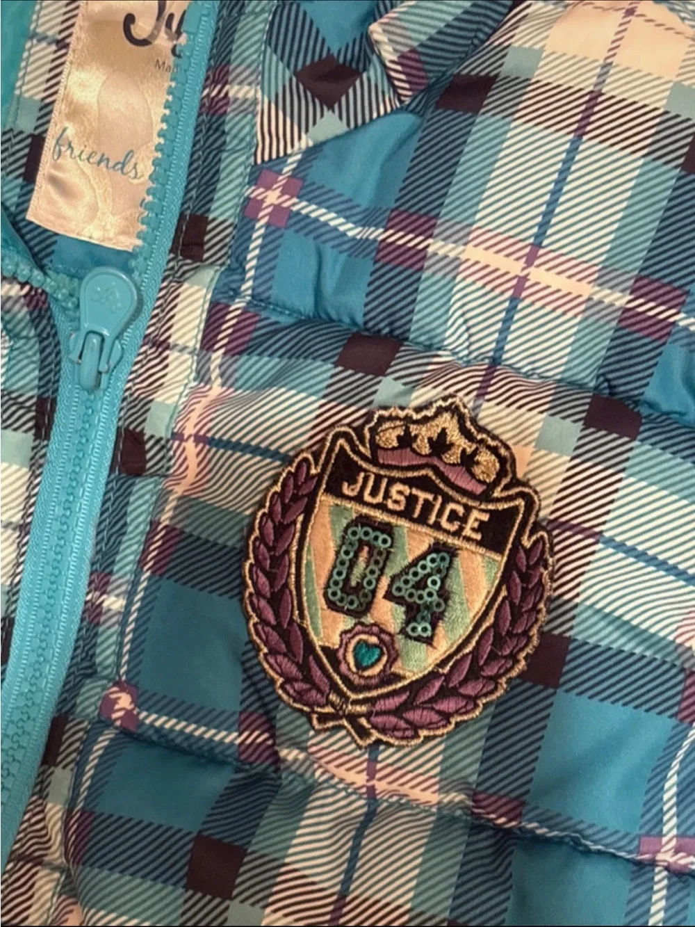 Justice Teal Plaid Puffer Vest for Kids 12 girls soft